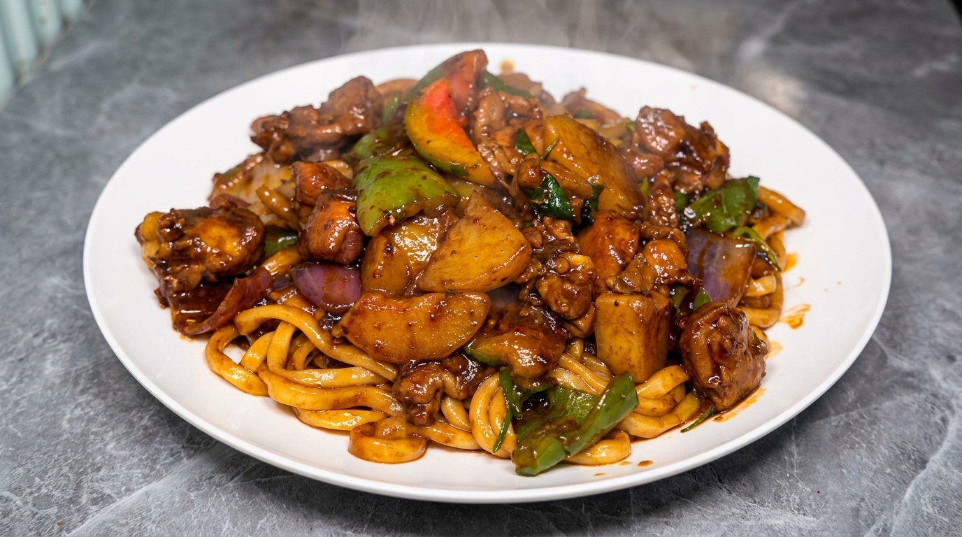 Tagliatelle Saltate con Pollo e Verdure in Stile Sichuan