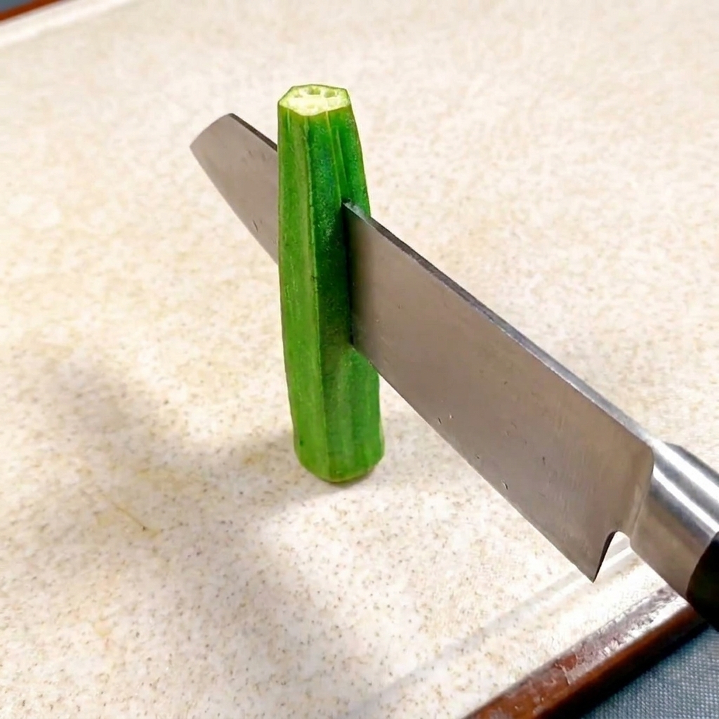 Un singolo baccello di gombo tagliato longitudinalmente con un coltello da chef su un tagliere.