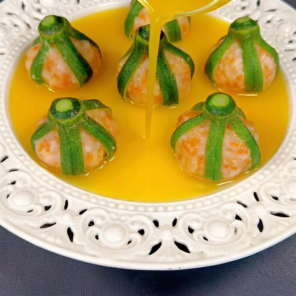 Una densa e liscia salsa dorata versata da una piccola brocca di vetro su polpette di gamberi al vapore avvolte in strisce di gombo verde, disposte su un piatto bianco decorato.