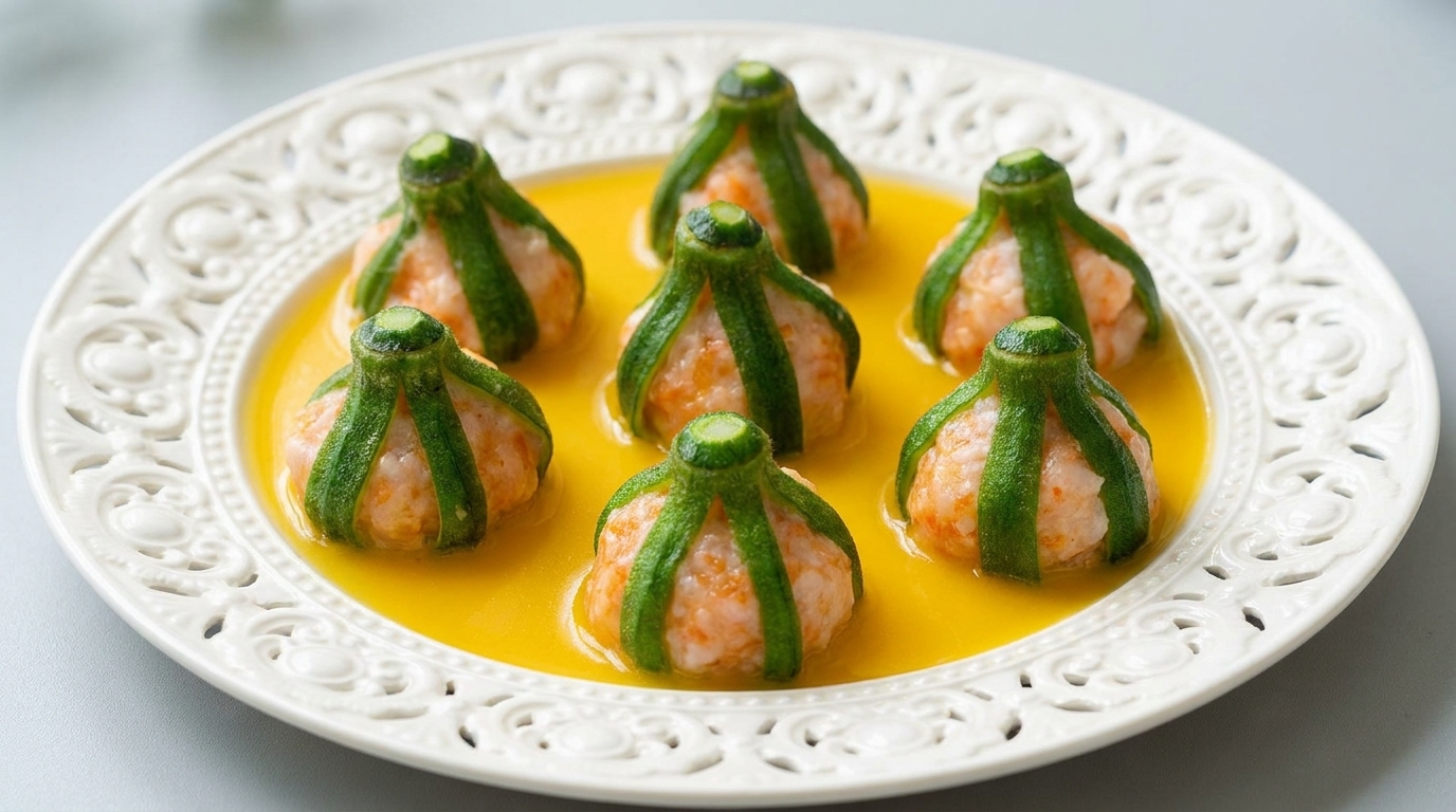 Bocconcini di Gombo e Gamberi al Vapore in Salsa Dorata