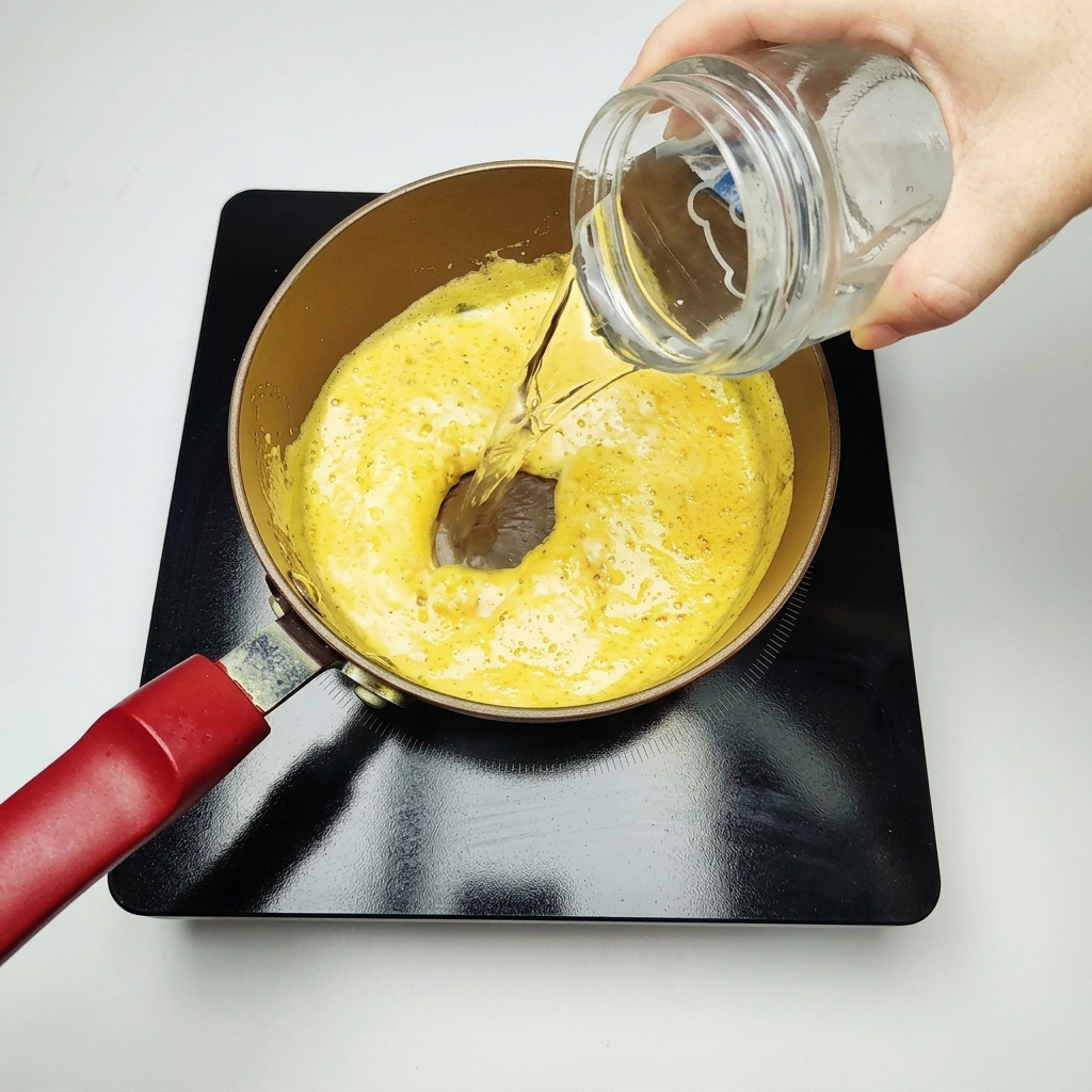 Una mano che versa dellacqua da una caraffa di vetro trasparente in una pentola contenente una miscela spumeggiante e giallo-dorata a base di tuorlo duovo salato.