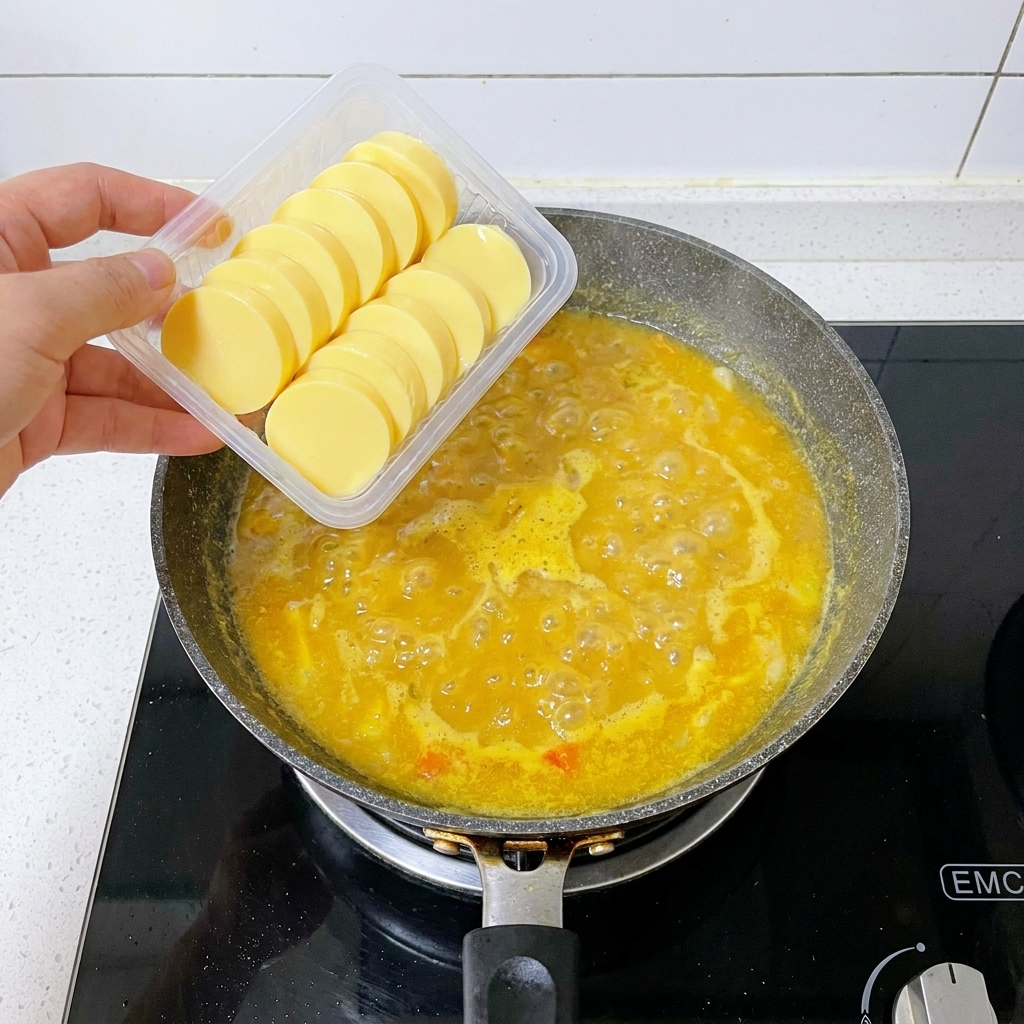 Una mano che fa scivolare delicatamente delle fette rotonde di tofu alluovo giallo da una vaschetta di plastica in un brodo dorato e spumeggiante sul fornello.