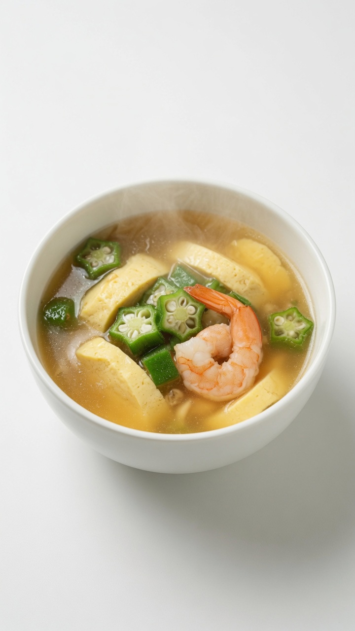 Zuppa Dorata con Gamberi, Tofu e Gombo