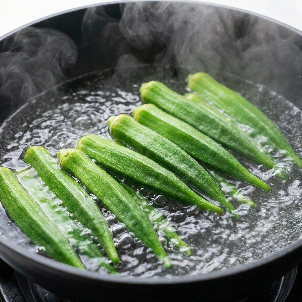 Okra intera sbollentata in una pentola di acqua bollente.