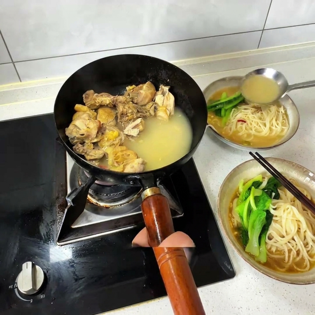 Versare con un mestolo brodo di pollo caldo e pezzi di carne cotta da un wok su una ciotola di noodle e verdure a foglia.