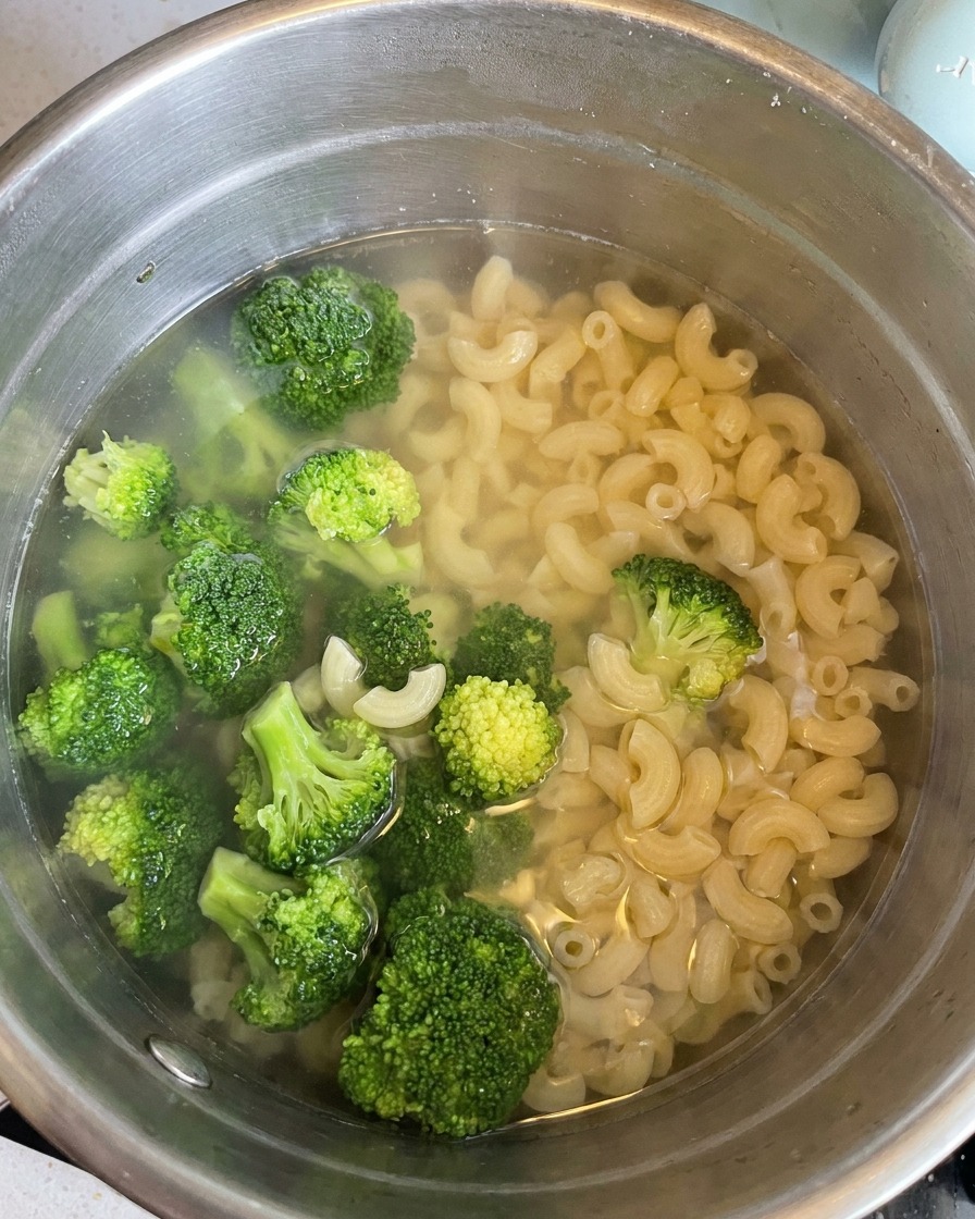 Una schiumarola estrae maccheroni e broccoli dallacqua.