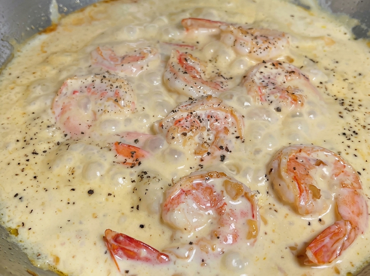 Pasta cotta trasferita nella padella con la salsa cremosa ai gamberi.