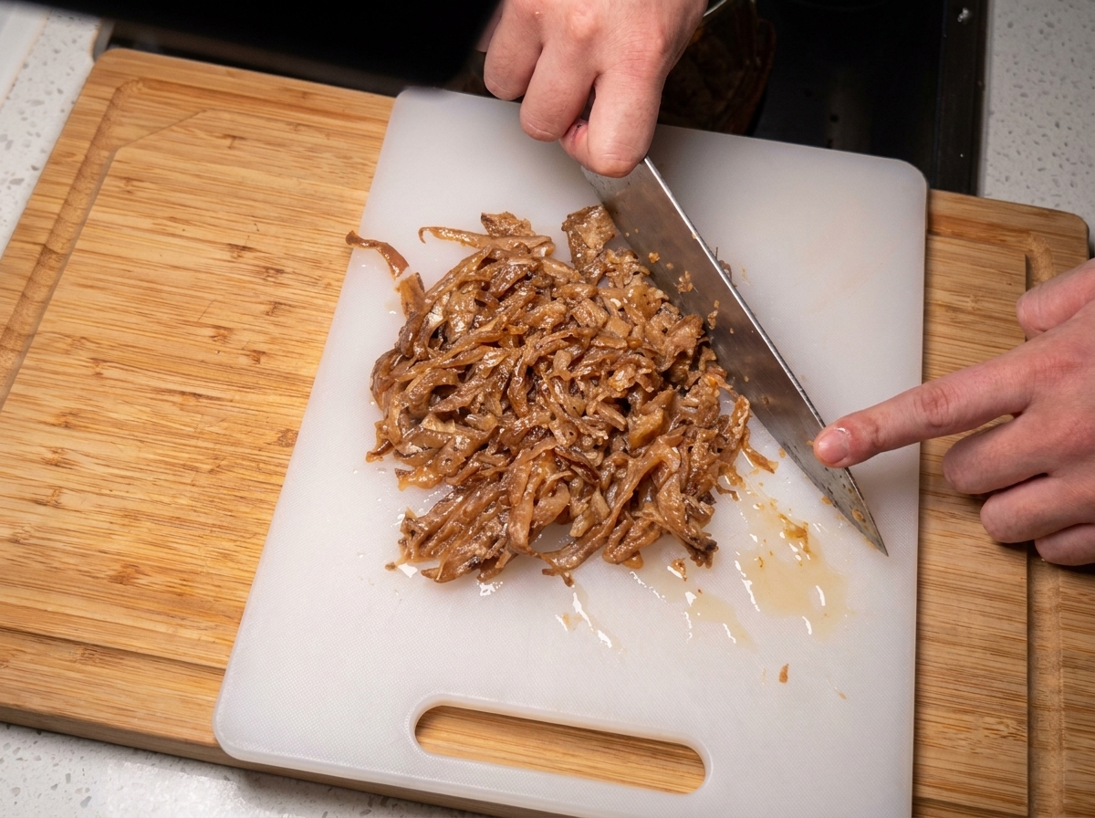 Cipolle tritate e carote grattugiate che appassiscono in una padella calda.
