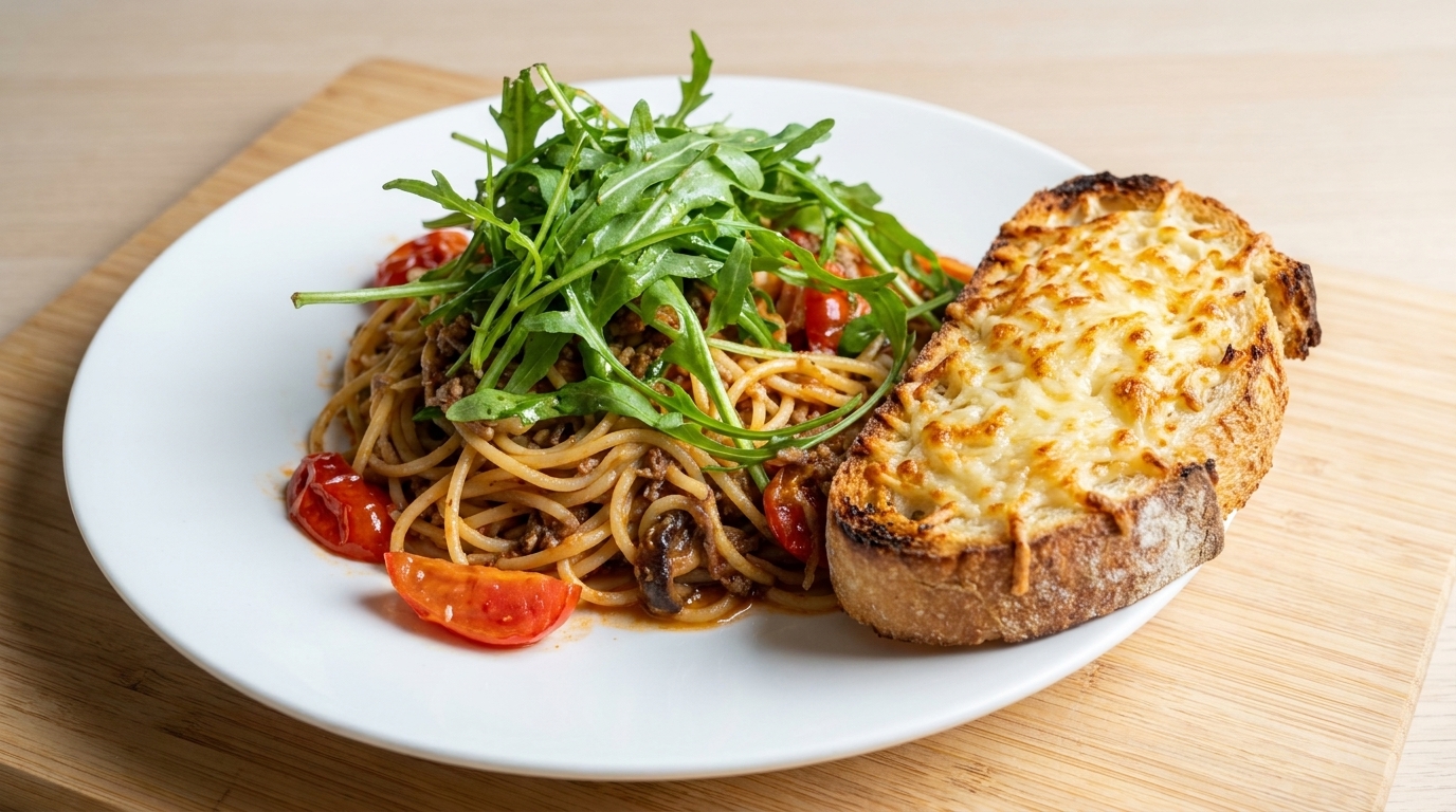 Un piatto invitante di spaghetti al sugo di carne servito con una fetta di pane croccante al formaggio dorato.