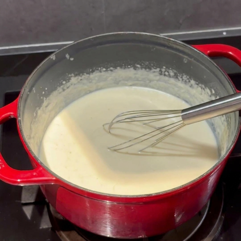 Il cheddar e il parmigiano vengono incorporati nella salsa bianca cremosa.