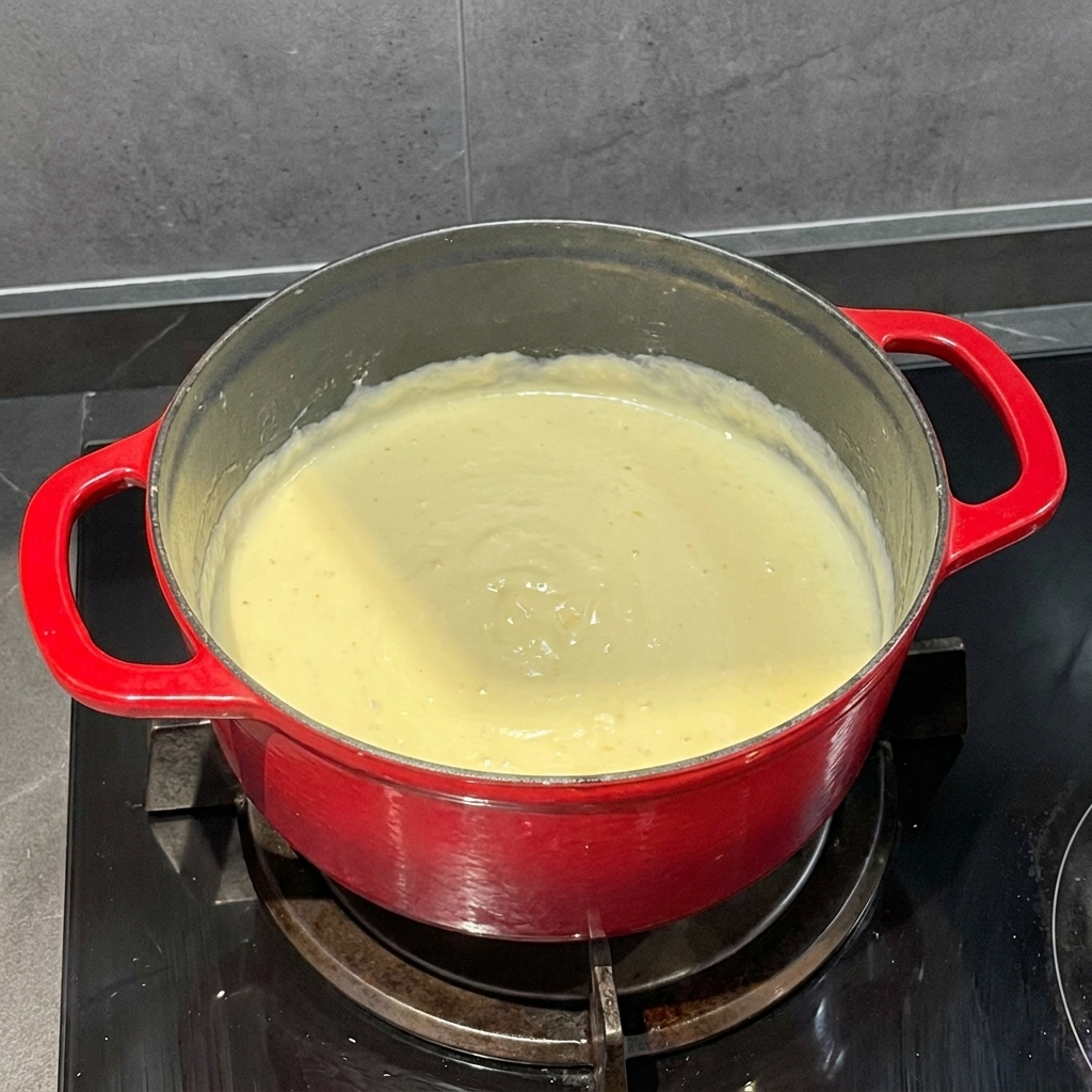 Una salsa al formaggio liscia e cremosa in una pentola rossa, condita con pepe nero macinato.