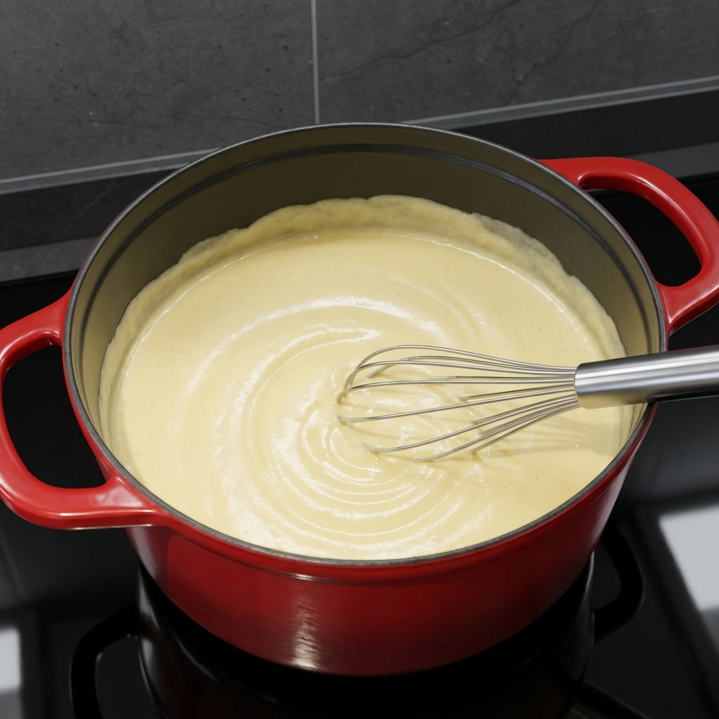I maccheroni cotti vengono amalgamati in una salsa di formaggio densa e cremosa allinterno di una pentola rossa.