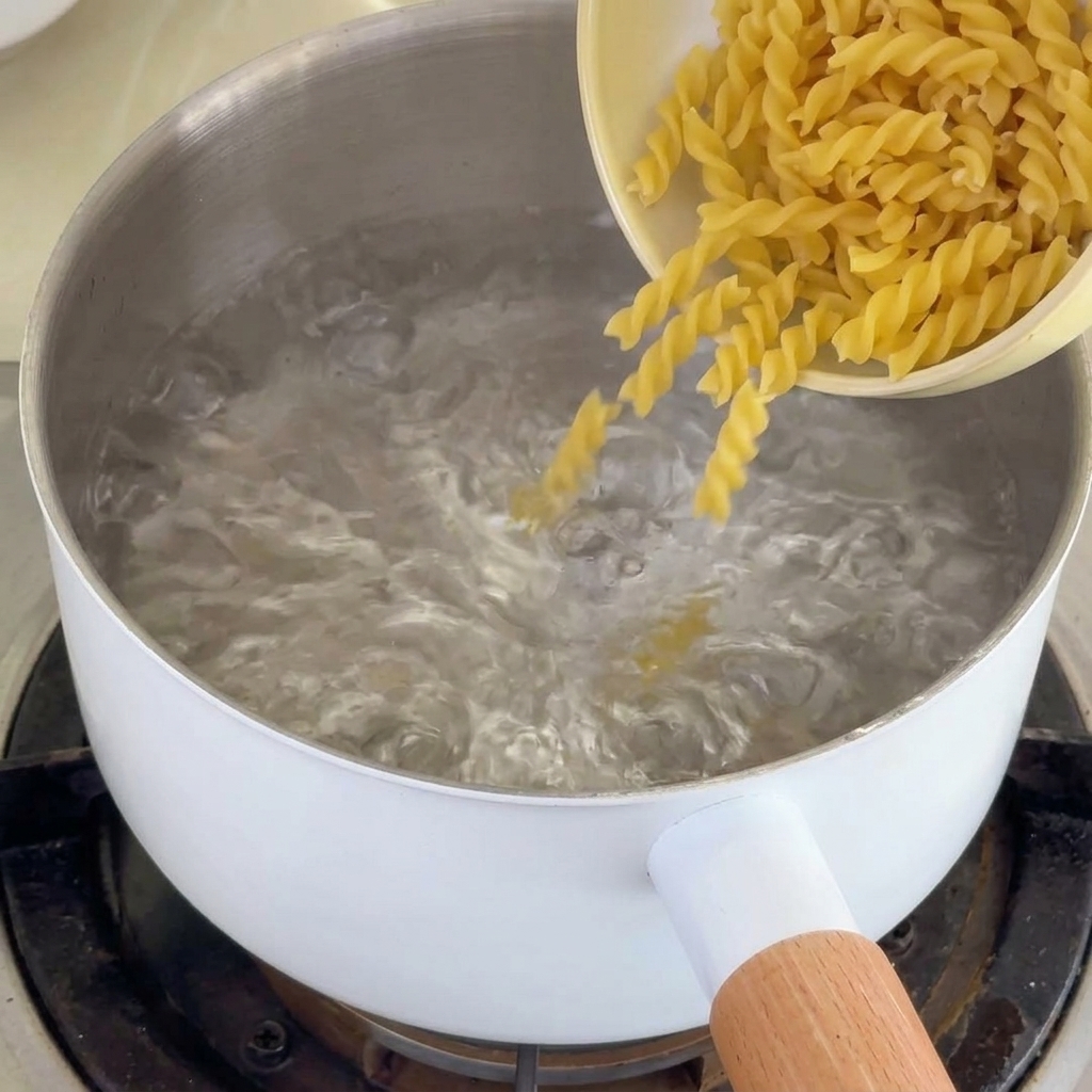 Pasta fusilli cruda versata in una pentola con acqua bollente.