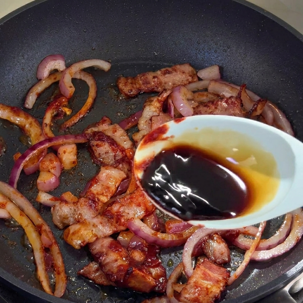 Salsa di soia scura versata da un cucchiaio nella padella con bacon e cipolle.