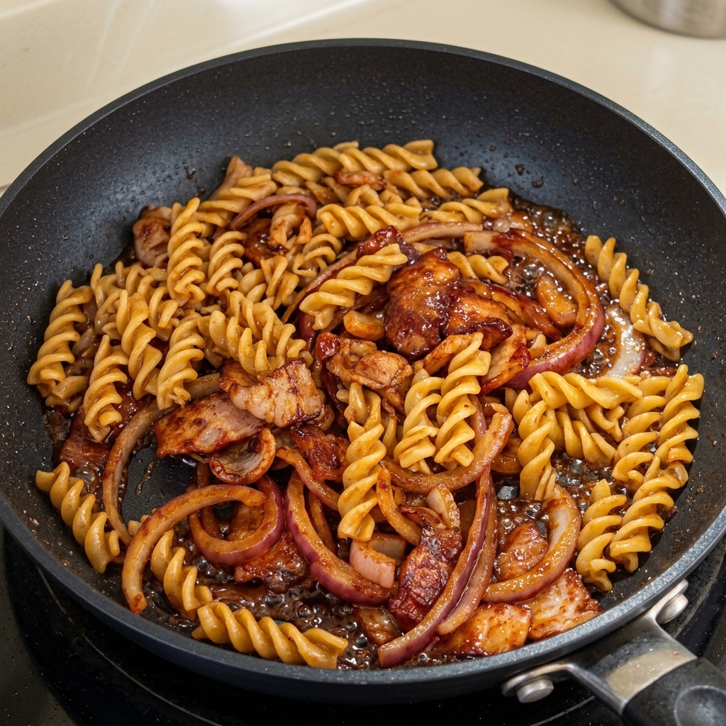Fusilli cotti aggiunti alla padella con bacon e cipolla saltati.