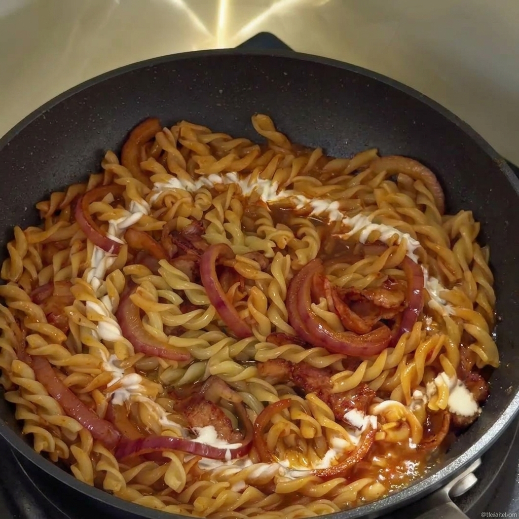 Panna liquida versata a filo sui fusilli e gli altri ingredienti in padella.