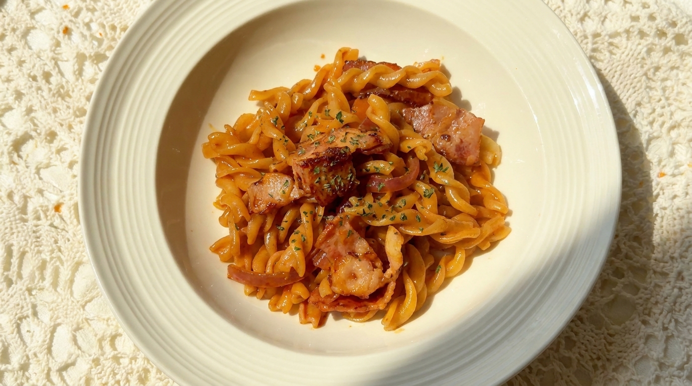 Fusilli cremosi al bacon e gochujang