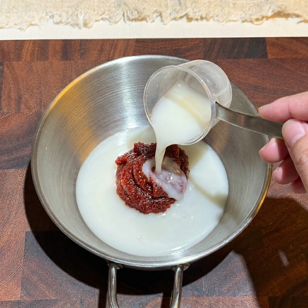 Una mano versa un condimento liquido bianco su una montagnola di pasta piccante coreana rosso scuro in una piccola ciotola di metallo.