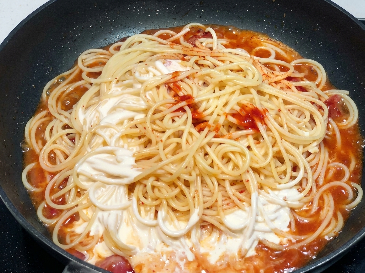 Spaghetti in padella ricoperti da una miscela di salsa piccante rossa e panna bianca.