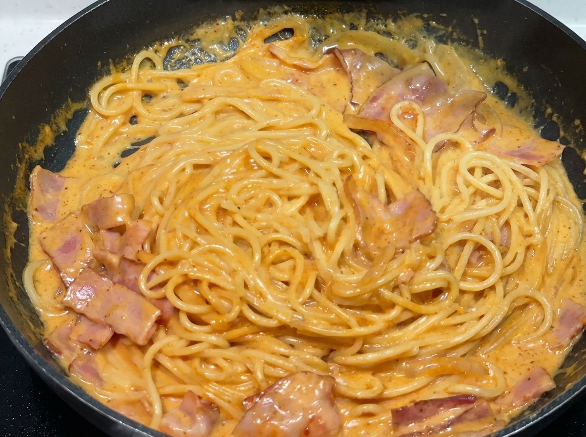 Spaghetti mescolati con le bacchette in una padella fino ad essere completamente ricoperti da una cremosa salsa arancione.