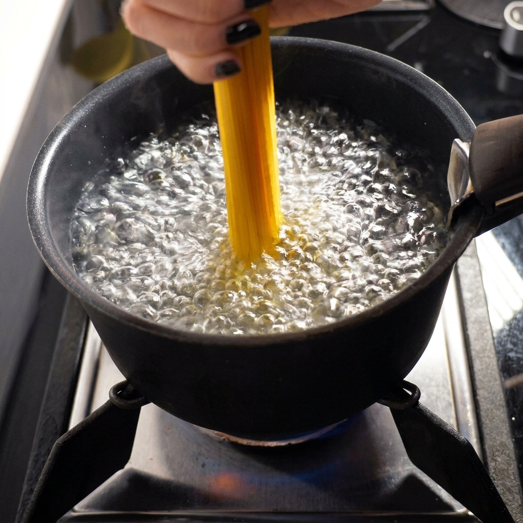 Una mano che mette spaghetti secchi in una pentola di acqua bollente.