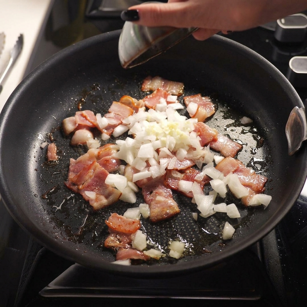 Versare cipolla tritata e aglio nella padella con la pancetta.