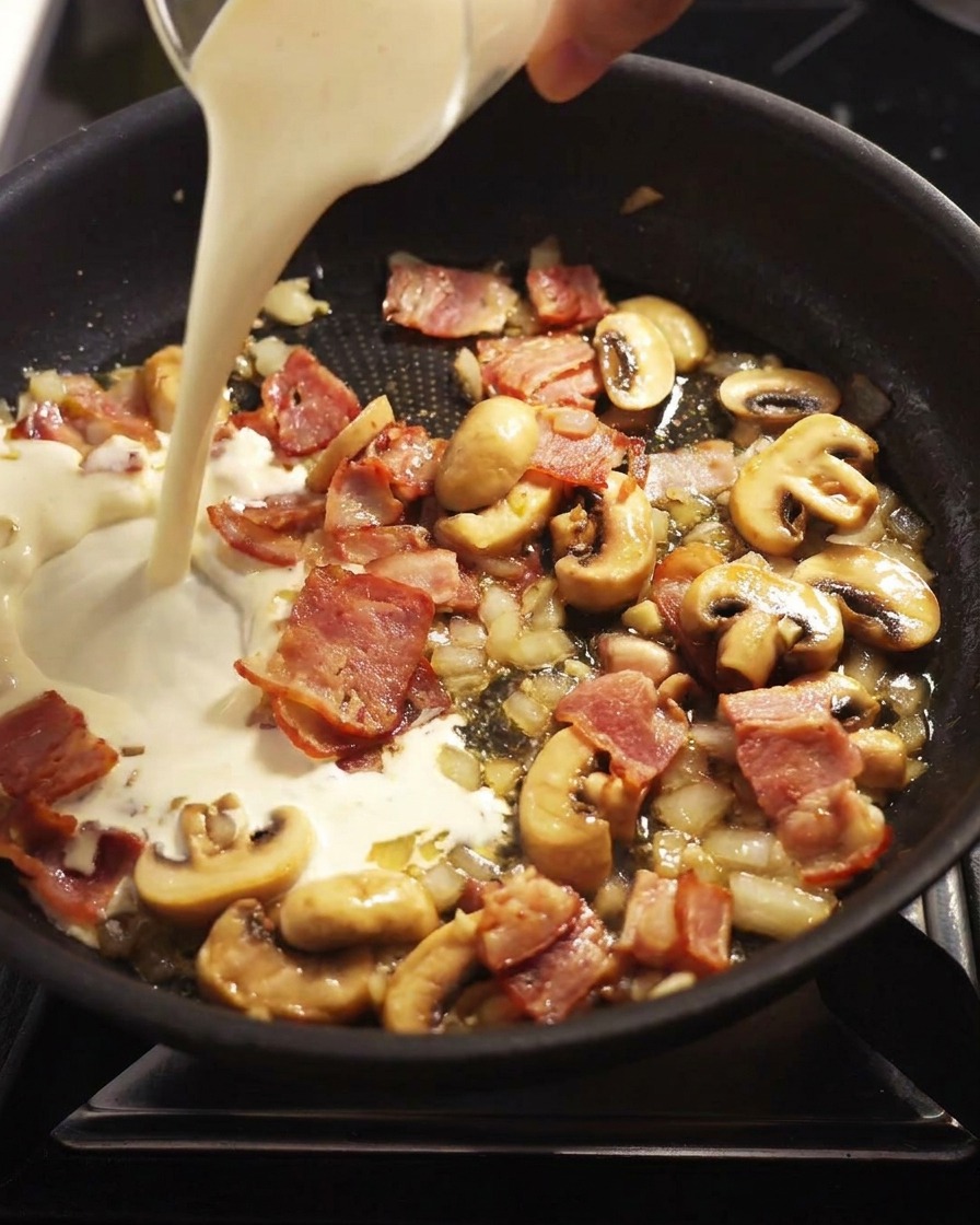 Panna fresca versata in padella sui funghi e la pancetta.