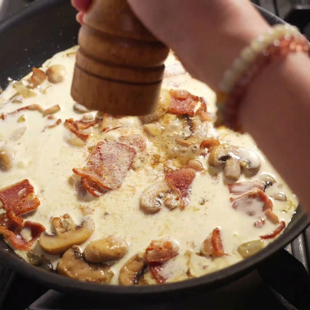 Pepe nero macinato fresco sopra una salsa cremosa in padella.