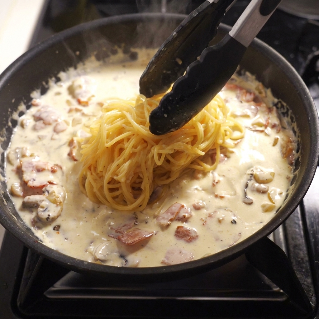 Spaghetti spostati dalla pentola alla padella con il sugo cremoso.