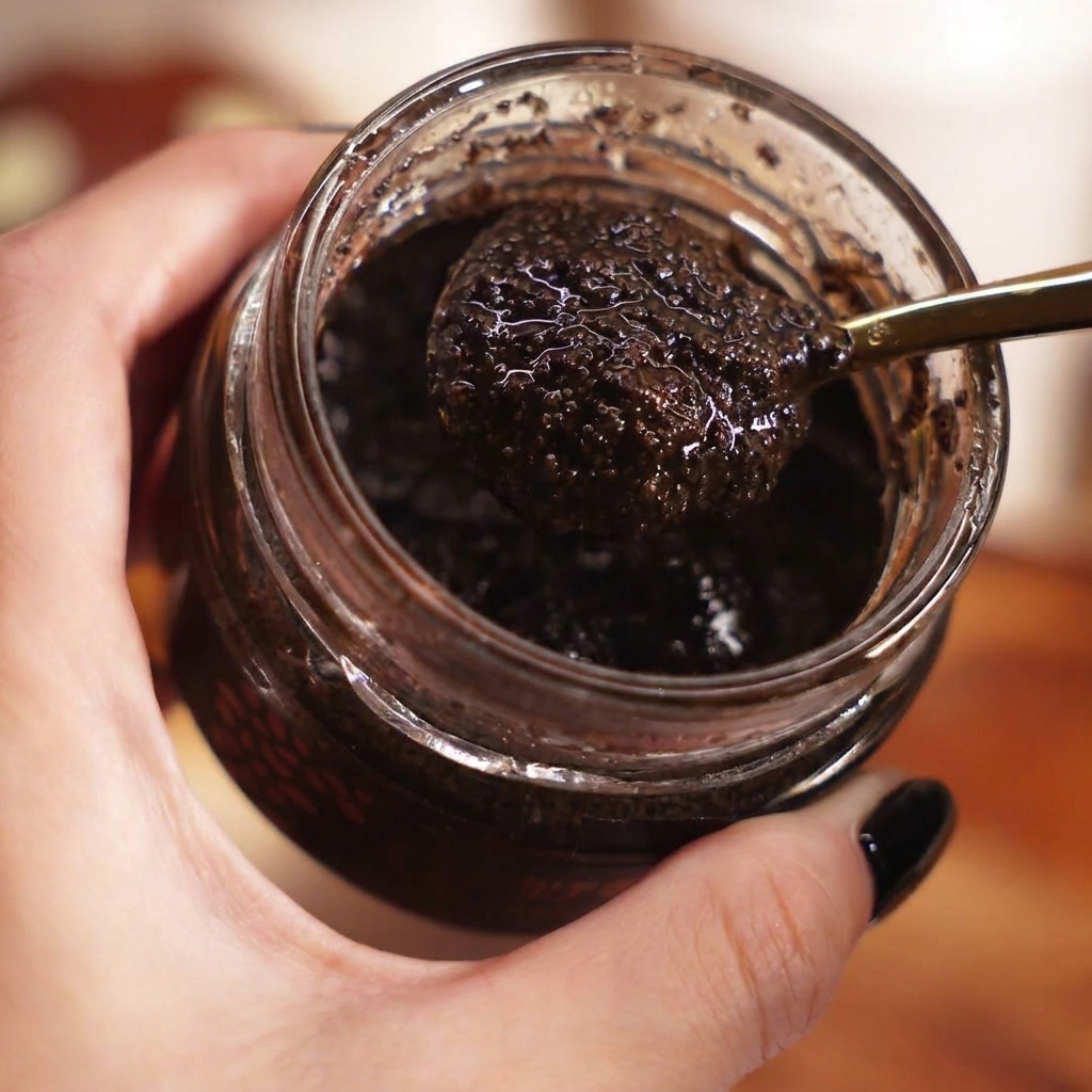Un cucchiaio di crema di tartufo nero aggiunto alla pasta.