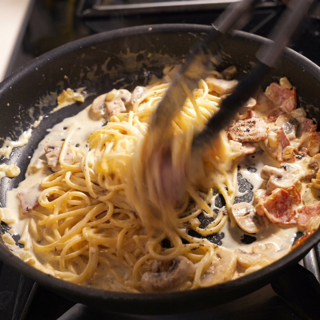 Spaghetti mescolati in padella con sugo, pancetta, funghi e tartufo.