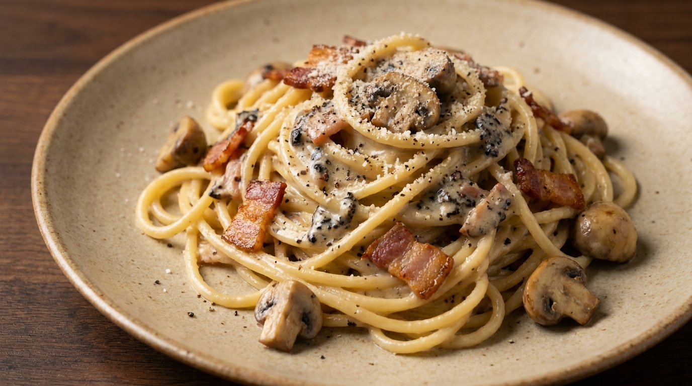 Pasta Cremosa al Tartufo Nero, Pancetta e Funghi