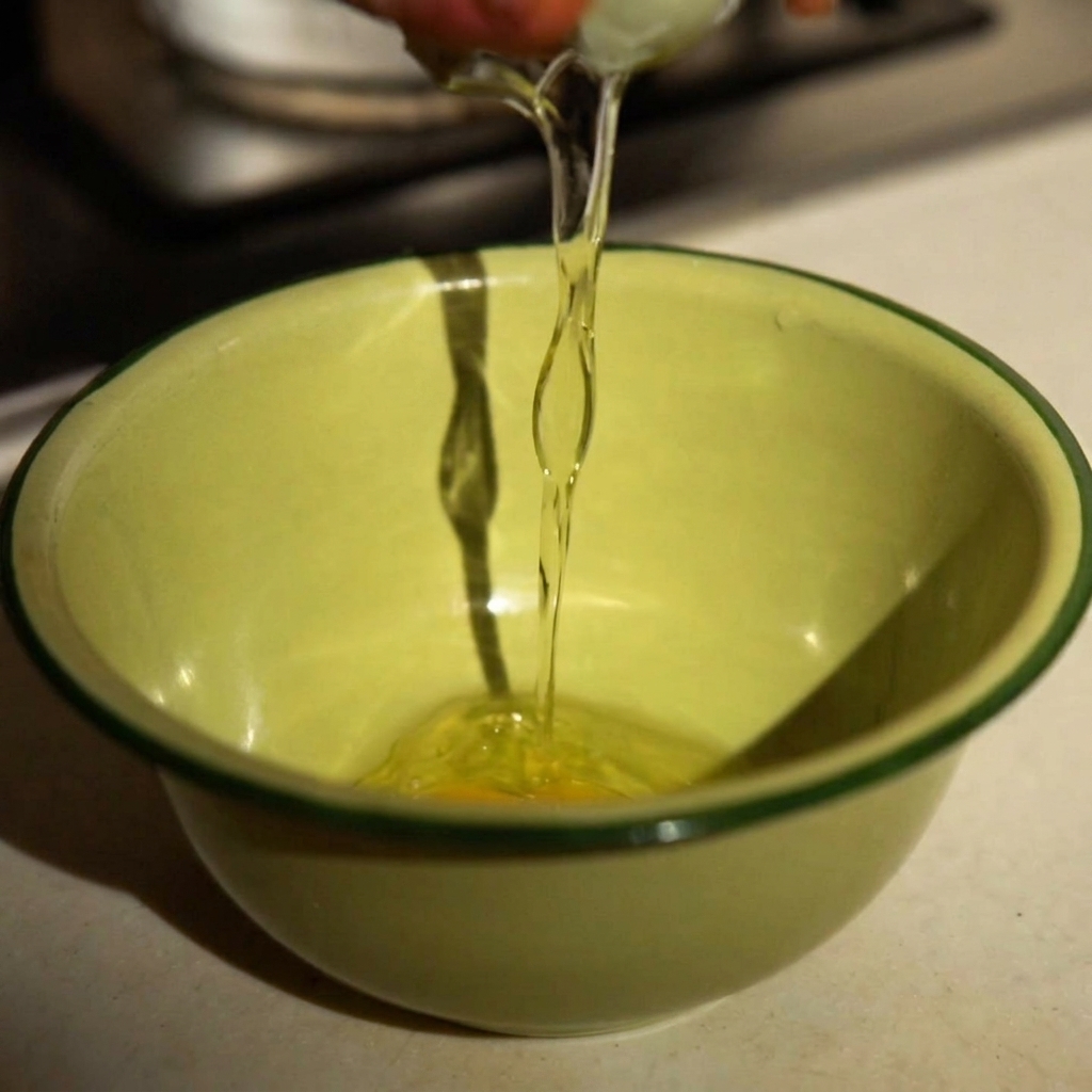 Un uovo, Parmigiano e salsa al tartufo mescolati in una ciotola verde chiaro.