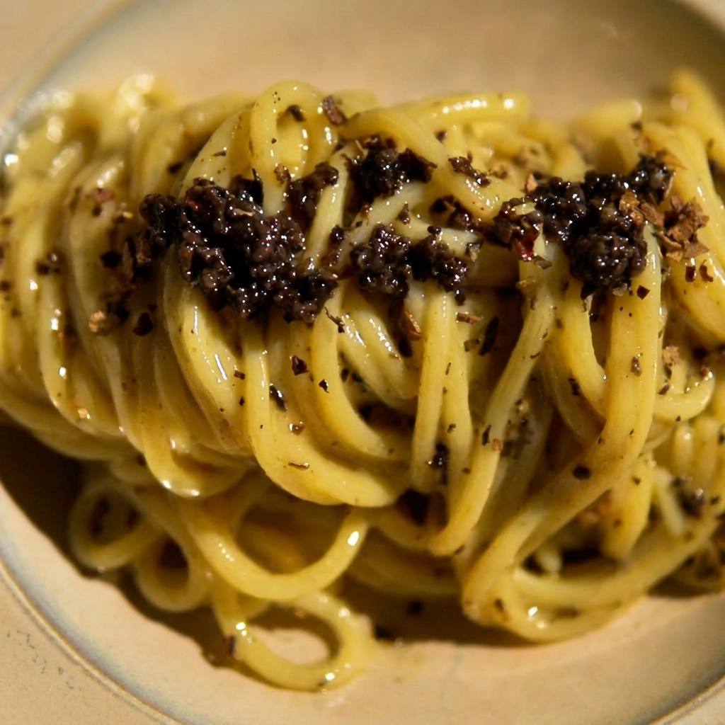 Salsa cremosa al tartufo e formaggio versata sopra la pasta in padella.