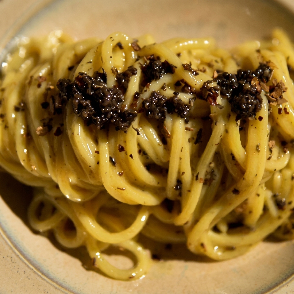 Pasta avvolta in una salsa ricca e cremosa con pezzi di tartufo in padella.