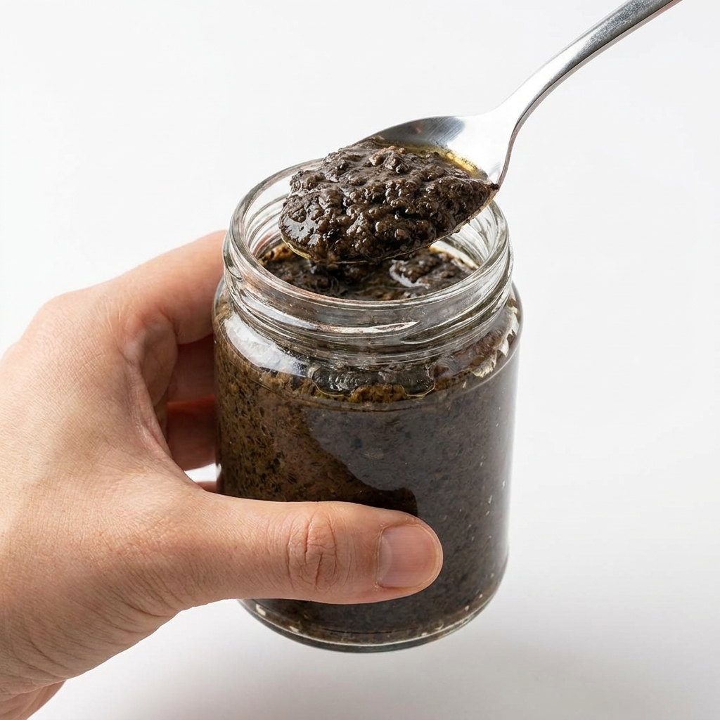 Primo piano di una piccola ciotola di vetro contenente una salsa scura e strutturata al tartufo nero e tuorlo duovo mescolata con un cucchiaio di metallo.