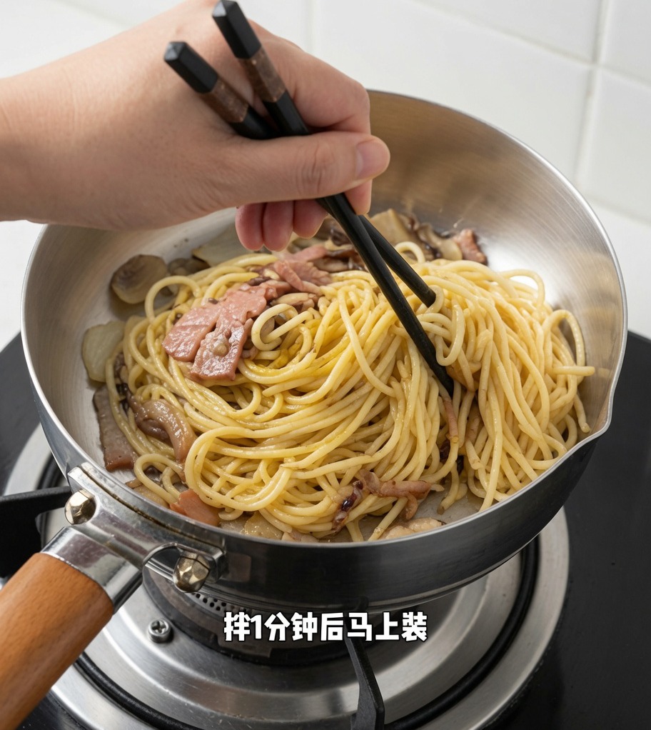 Spaghetti al tartufo nero mescolati in padella con le bacchette.