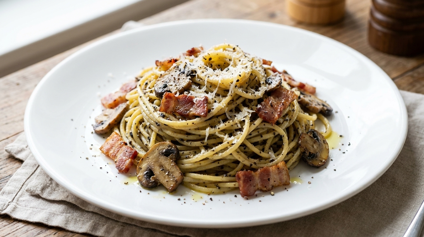 Spaghetti Gourmet al Tartufo Nero con Pancetta e Funghi