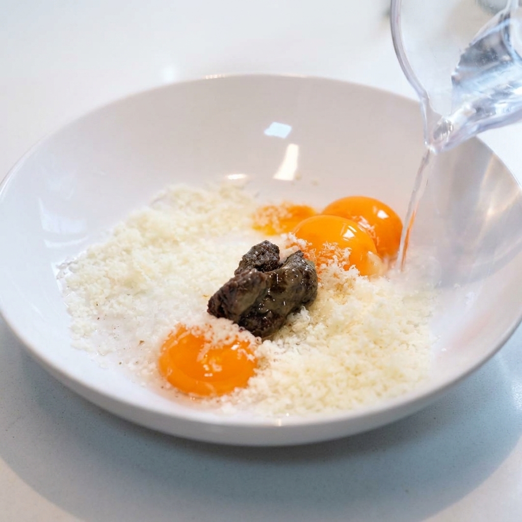 Acqua versata in una ciotola contenente tuorli duovo, formaggio grattugiato e salsa al tartufo nero.