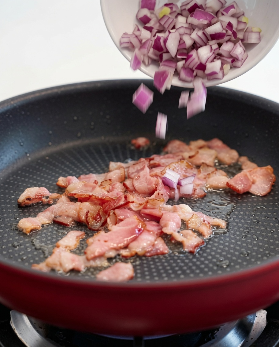Cipolle rosse tritate versate in una padella calda con pancetta croccante.