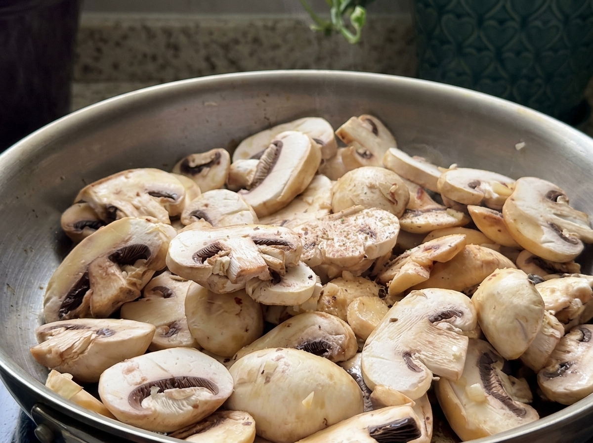 Funghi affettati e aglio tritato che cuociono in una padella.
