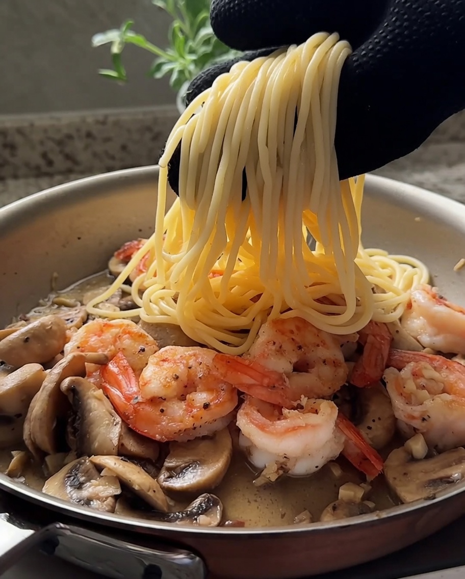 Spaghetti aggiunti in padella con gamberi e funghi.