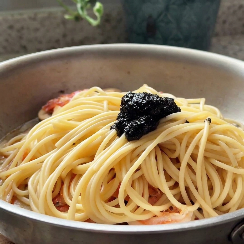 Cucchiaio di crema di tartufo sopra la pasta e i gamberi.