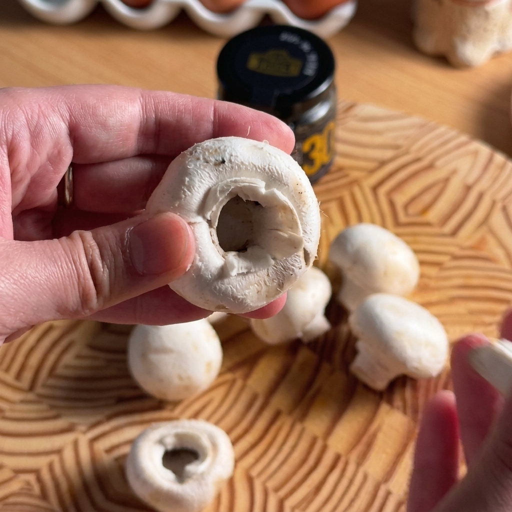 Funghi bianchi freschi tagliati con cura su un tagliere rustico in legno.