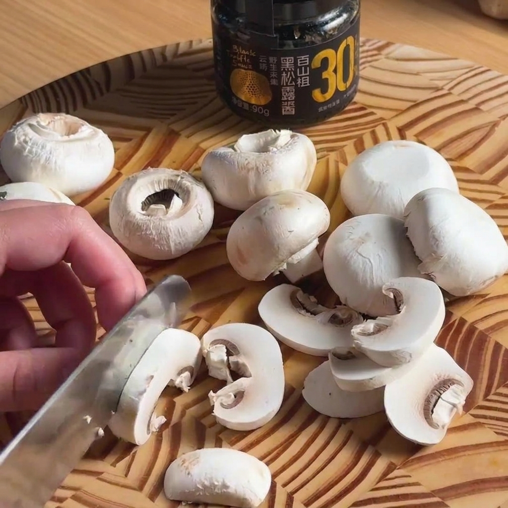 Sottili strisce di manzo fresco tagliate su un tagliere di legno.