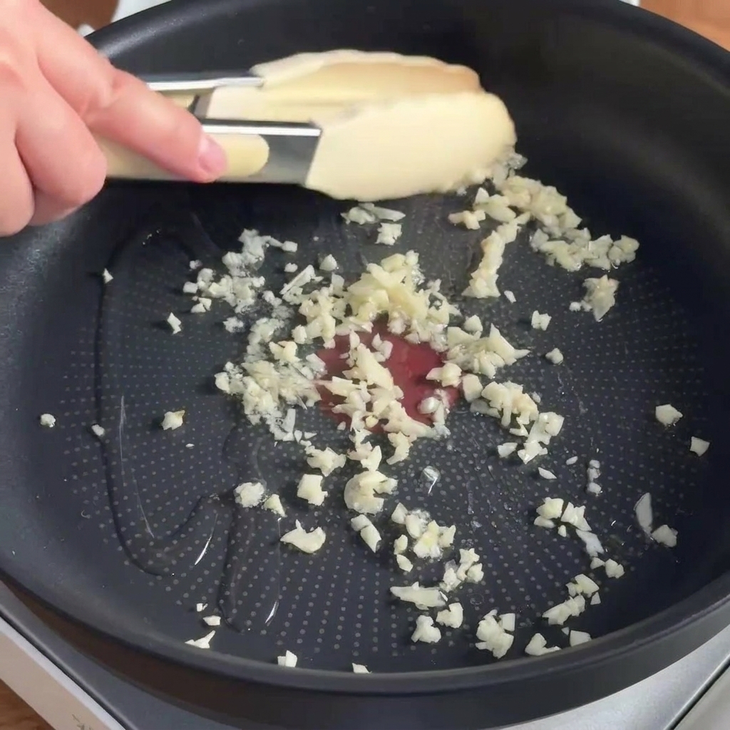 Aglio tritato che soffrigge in una padella antiaderente.