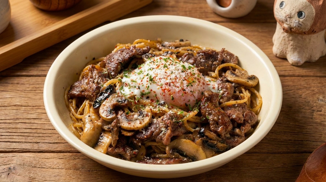 Pasta al Tartufo e Manzo con Uovo Onsen