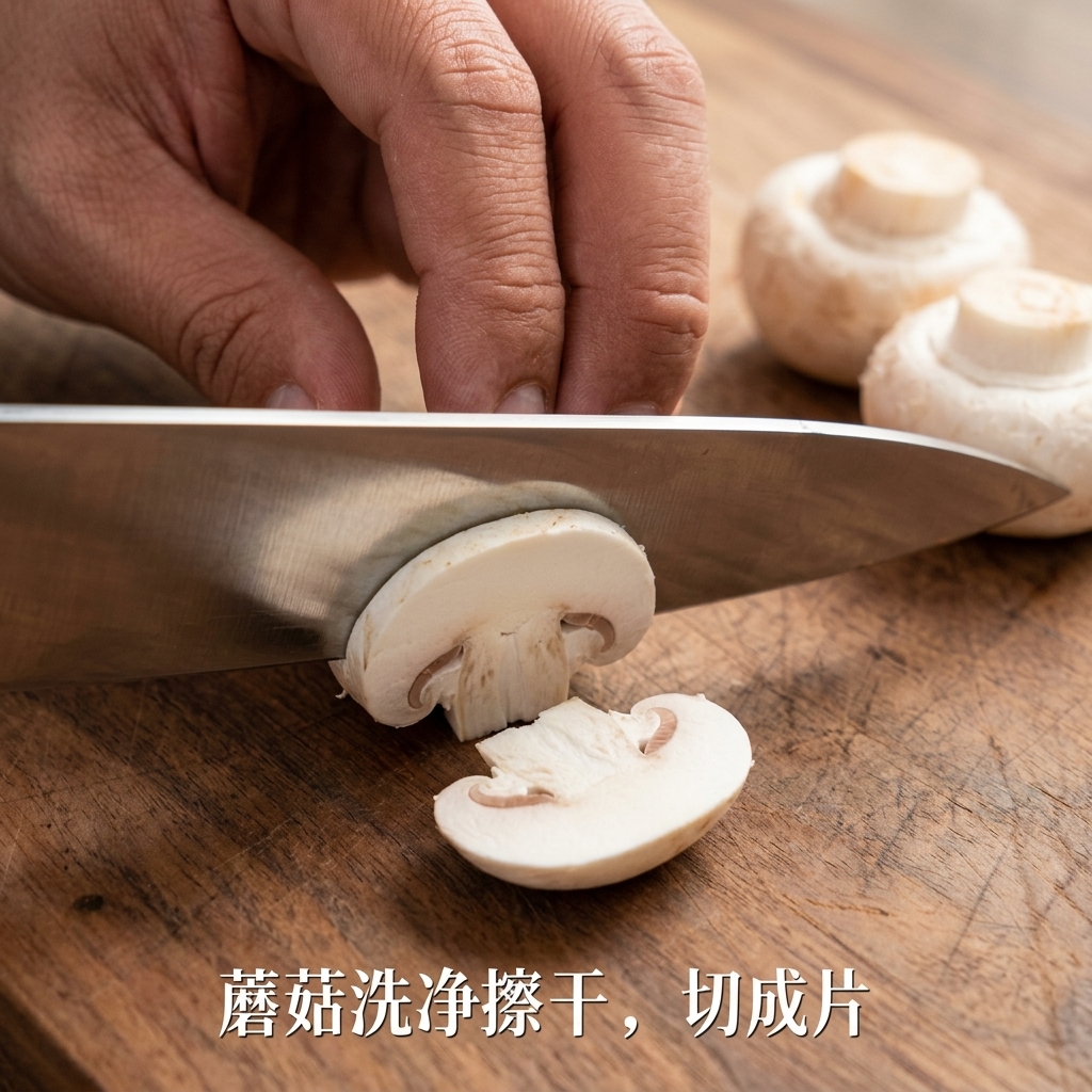 Funghi crudi affettati sottilmente disposti su un tagliere di legno rustico.