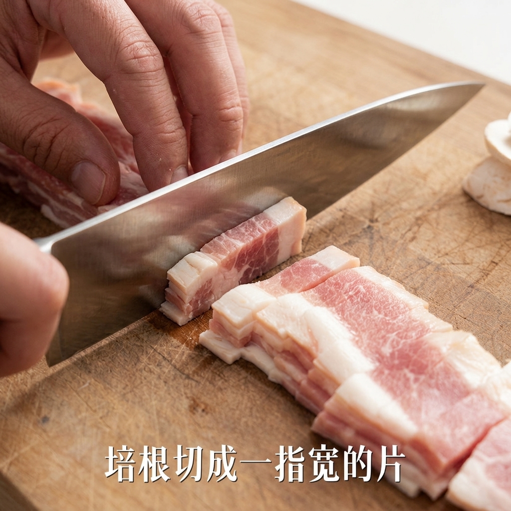 Strisce uniformi di pancetta cruda tagliate su un tagliere di legno.