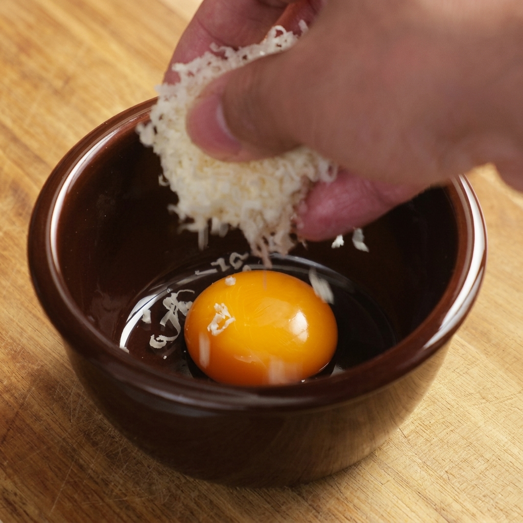 Un ricco composto di tuorlo duovo, parmigiano grattugiato e salsa al tartufo in una ciotola di ceramica marrone.